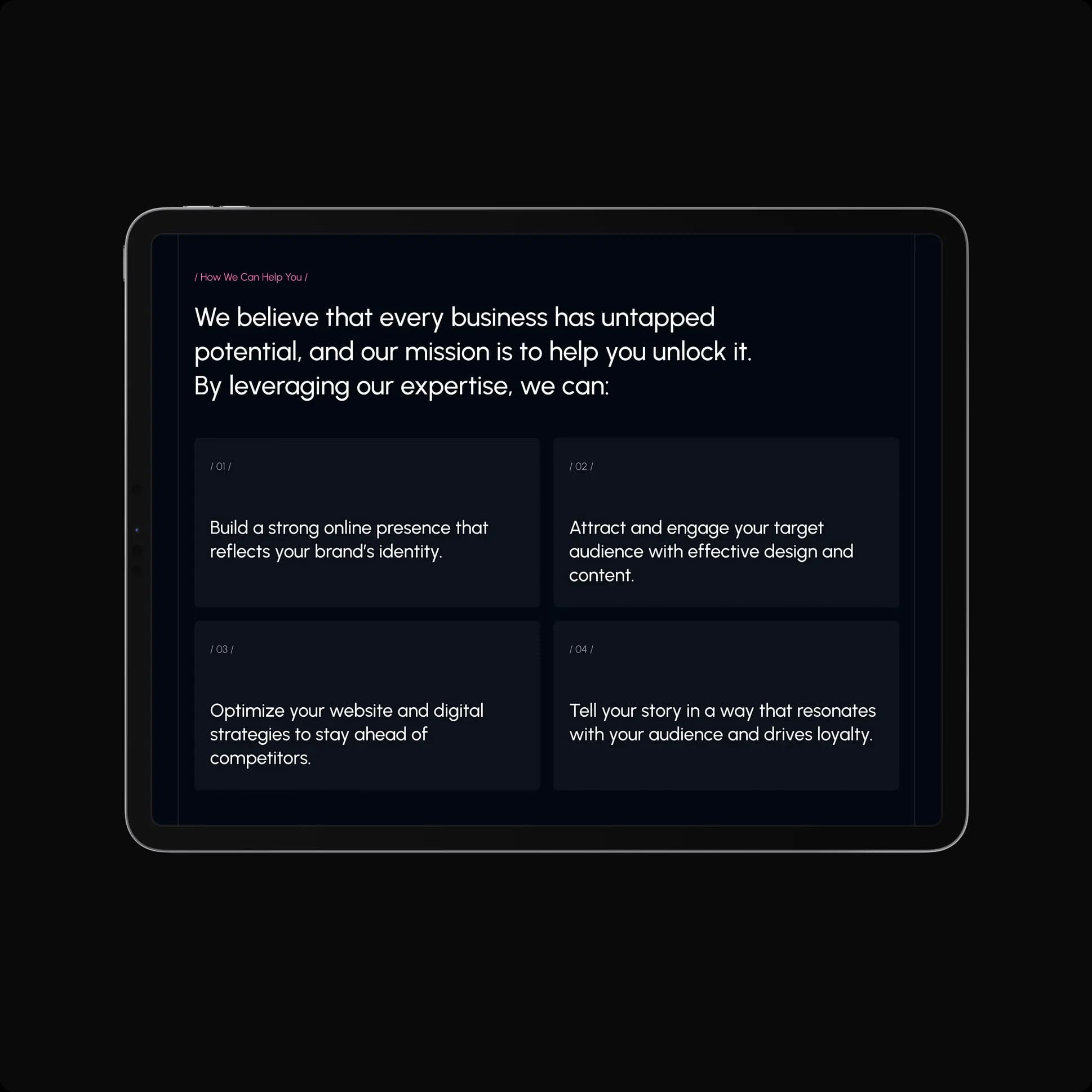 Landscape-oriented tablet with a website on the screen